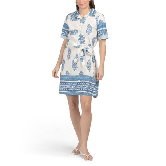 LUISA PERLA  Italy Linen Blend Short Sleeve Floral Mini Shirt Dress - Picture 1 of 2